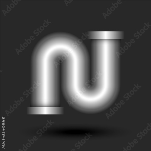 Bold letter N monogram 3d logo metallic tube with flanges smooth shape, silver creative calligraphic lettermark, typography design element.