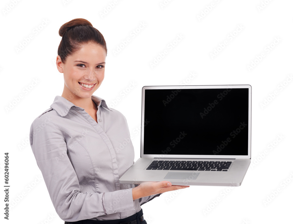 Laptop screen, studio and happy portrait woman with corporate mock up for online advertising, branding or logo . Professional, smile and person with website presentation isolated on white background Laptop screen, studio and happy portrait woman with corporate mock up for online advertising, branding or logo . Professional, smile and person with website presentation isolated on white background