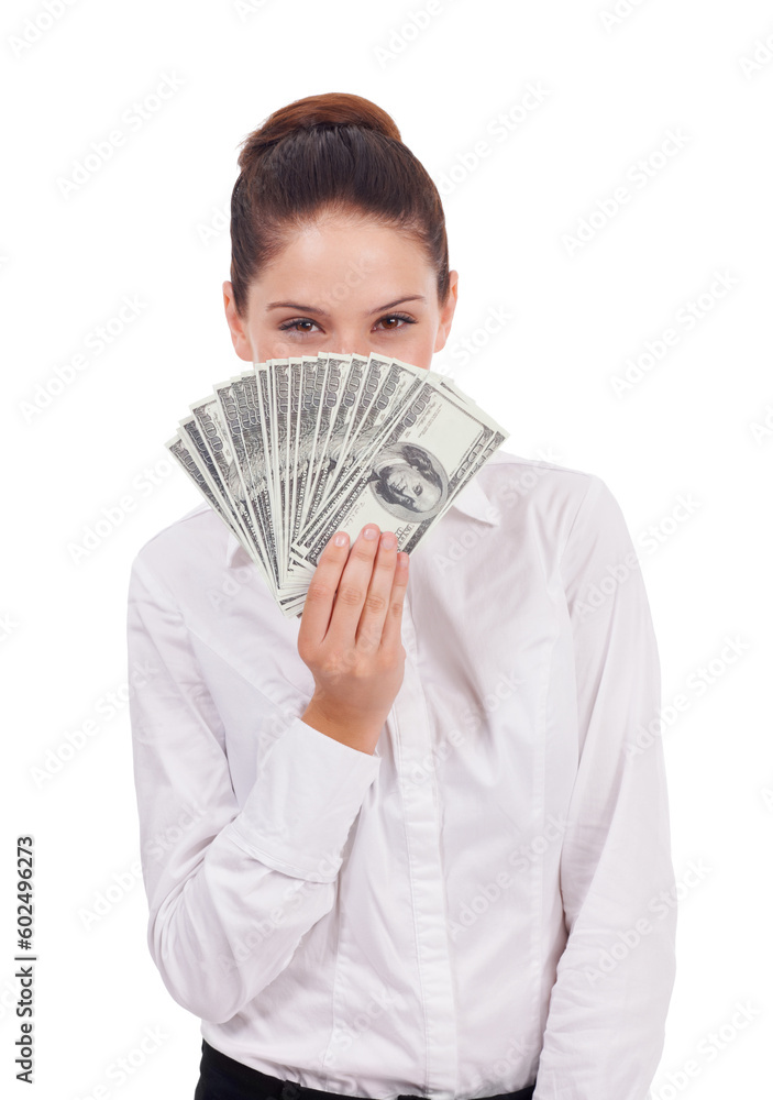 Portrait, studio money and hidden woman with cash prize, dollar bills giveaway or job salary, income or revenue. Financial freedom success, winner and professional person isolated on white background Portrait, studio money and hidden woman with cash prize, dollar bills giveaway or job salary, income or revenue. Financial freedom success, winner and professional person isolated on white background