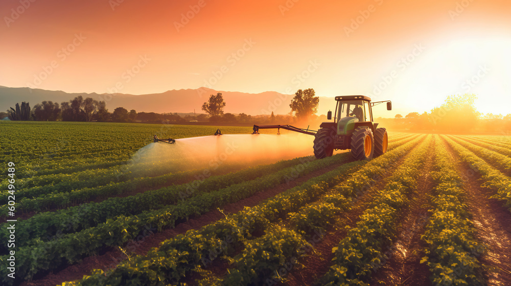 Fototapeta premium A tractor sprays pesticides on plantation field at sunset. Generative Ai