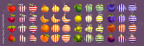 Isolated ui mobile game fruit with white stripes illustration for slot machine. Orange, apple, watermelon and grapes puzzle glossy set with vertical and horizontal stripe png app interface collection