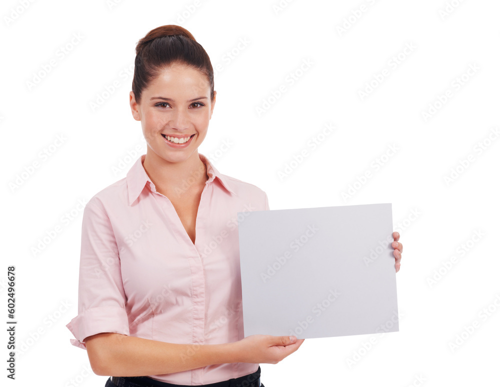 Mockup, paper and poster with portrait of woman in studio for idea, promotion and show. Corporate, signage and happy with female employee and card on white background for news and presentation Mockup, paper and poster with portrait of woman in studio for idea, promotion and show. Corporate, signage and happy with female employee and card on white background for news and presentation