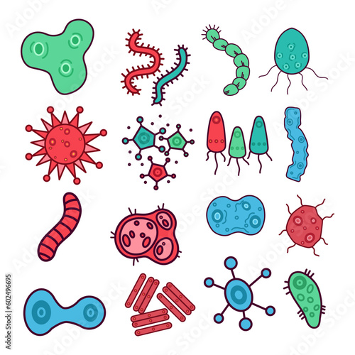 set of doodle hospital and virus elements on white background