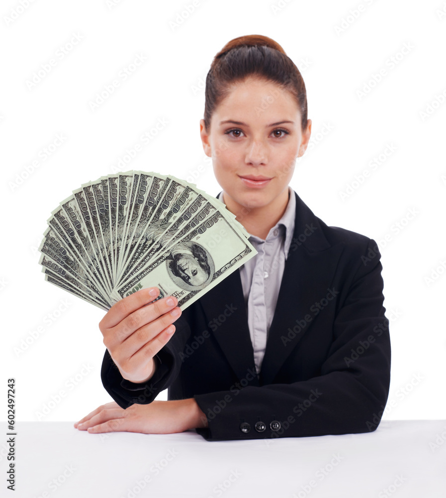 Studio portrait, money and business woman with lotto award, dollar bills giveaway or cash investment, savings or income. Financial funding, prize giving winner and person isolated on white background Studio portrait, money and business woman with lotto award, dollar bills giveaway or cash investment, savings or income. Financial funding, prize giving winner and person isolated on white background