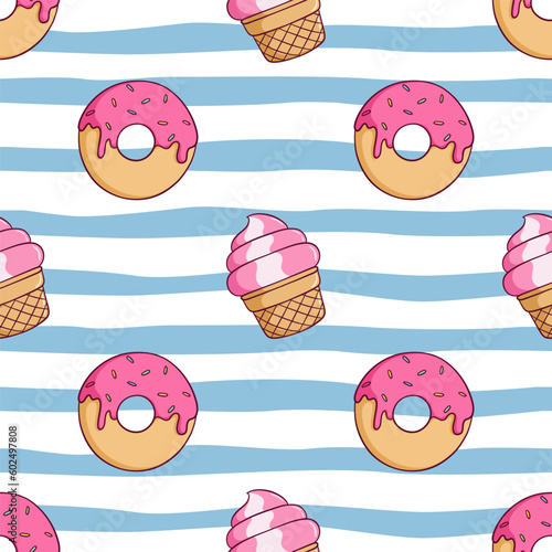 doodle ice cream and strawberry donut in seamless pattern