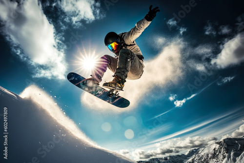 Snowboarder In Front Of The Mountains Doing Some Freestyles - Generative AI