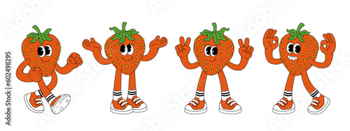 Fruit retro funky cartoon characters. Comic mascot of strawberry with happy smile face, hands and feet. Groovy summer vector illustration. Fruits flower berries juicy sticker pack.