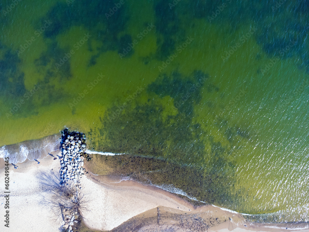 Aerial view landscape Poland Gdynia. View of beach and Baltic sea, sand, stones. Photo from a drone.