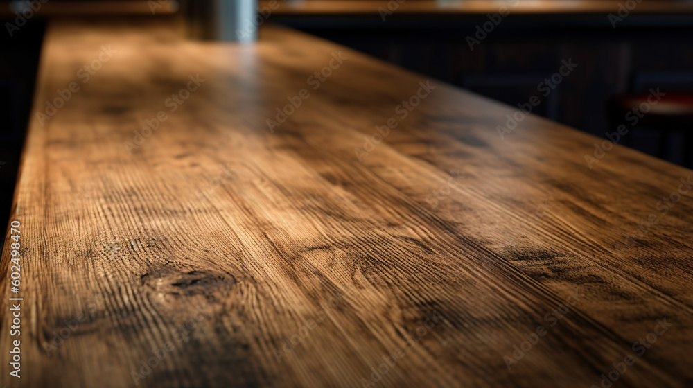 An empty wooden counter table top for product display in a pub or bar. Generative ai An empty wooden counter table top for product display in a pub or bar. Generative ai