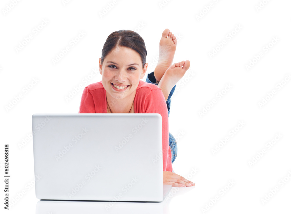 Studio laptop, relax or woman portrait on floor doing internet, website or digital web search for research project. Online shopping sales, ecommerce mockup or happy model isolated on white background Studio laptop, relax or woman portrait on floor doing internet, website or digital web search for research project. Online shopping sales, ecommerce mockup or happy model isolated on white background