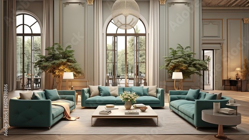 Inspiration for a living room design in a modern classic style using Pantone color. GENERATE AI