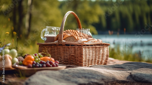 Against the background of picturesque autumn nature, a straw picnic basket on a simple wooden table. Country style. Close-up. The concept is rest, picnic. Banner, poster, postcard. Generative Ai