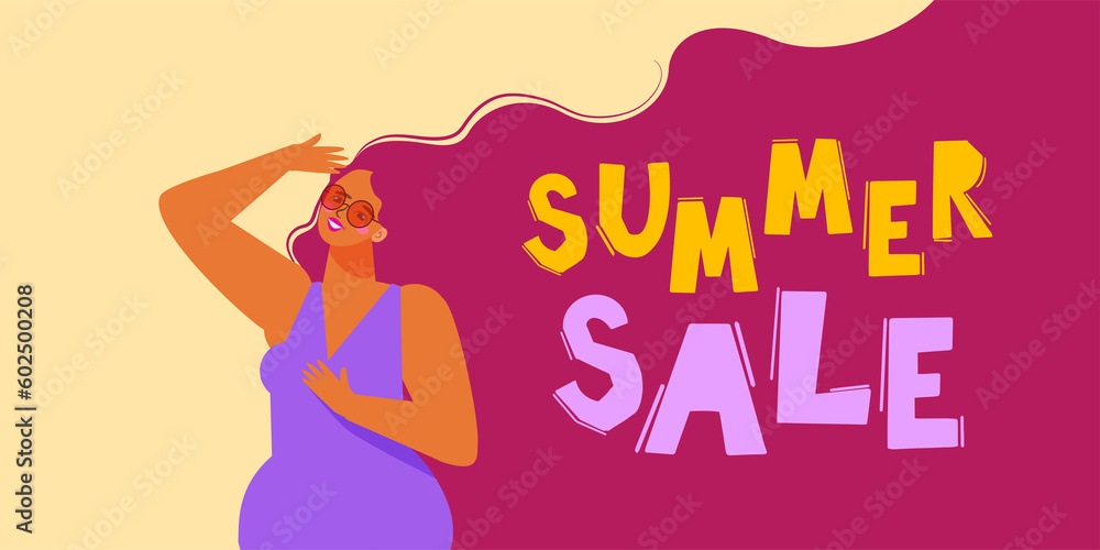 Flat vector illustration. Summer time, girl in sunglasses with long hair. Summer sale. Perfect background for posters, covers, flyers, banners. Flat vector illustration. Summer time, girl in sunglasses with long hair. Summer sale. Perfect background for posters, covers, flyers, banners.