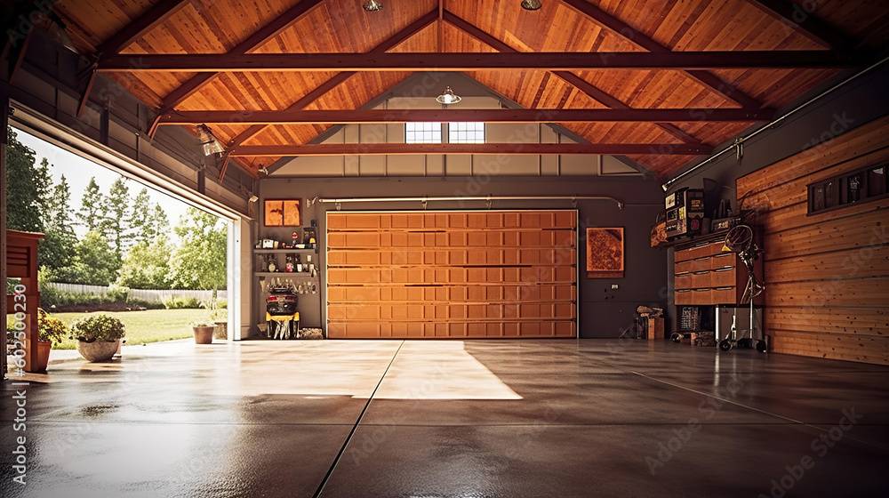 Open spacious empty garage photorealistic. Generative Ai