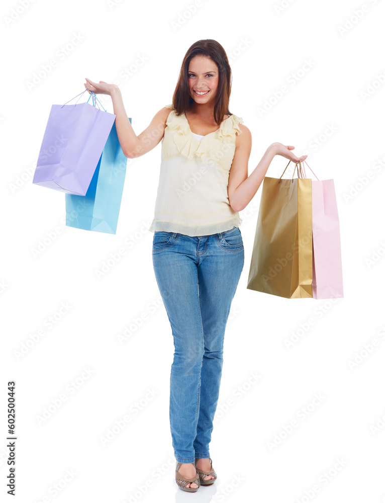 Customer shopping bag, portrait or happy woman with retail sale product, discount fashion deal or mall store present. Commerce market, luxury designer gift or studio girl isolated on white background Customer shopping bag, portrait or happy woman with retail sale product, discount fashion deal or mall store present. Commerce market, luxury designer gift or studio girl isolated on white background