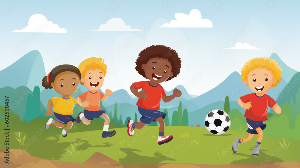illustration of a group of children having fun playing with a ball on the lawn, generated by AI