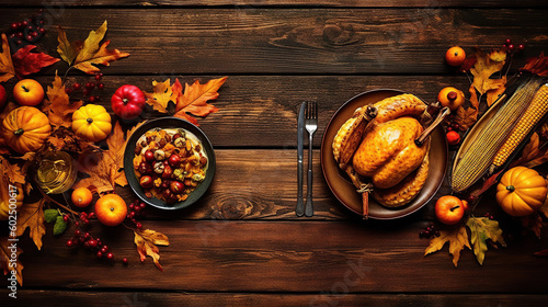 Thanksgiving dinner background with turkey and all sides dishes  pumpkin pie  fall leaves and seasonal autumnal decor on wooden background  top view  copy space. Generative Ai