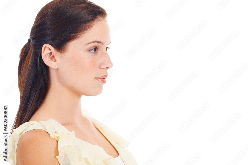 Face profile, studio mockup and woman advertising copy space, brand logo or promotion information. Beauty commercial, branding and relax female model isolated on mock up white background Face profile, studio mockup and woman advertising copy space, brand logo or promotion information. Beauty commercial, branding and relax female model isolated on mock up white background