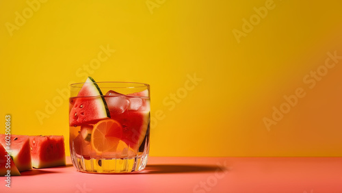 Glass of delicious drink with lime slices, ice cubes and fresh watermelon on yellow background with copy space (Generative AI)