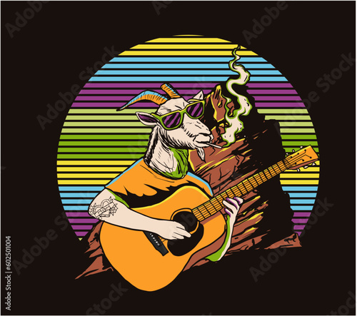 goat rock 'n roll on a canyon with stripes background illustration