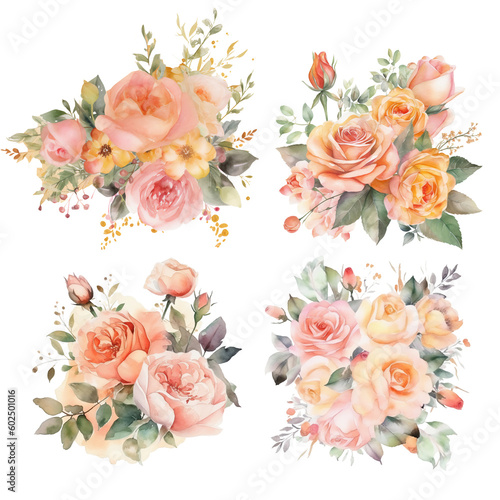 Watercolor Flower Set: Sweet Peach and Pink Roses for Decorative Invitation Cards, isolated transparent background, AI-generated