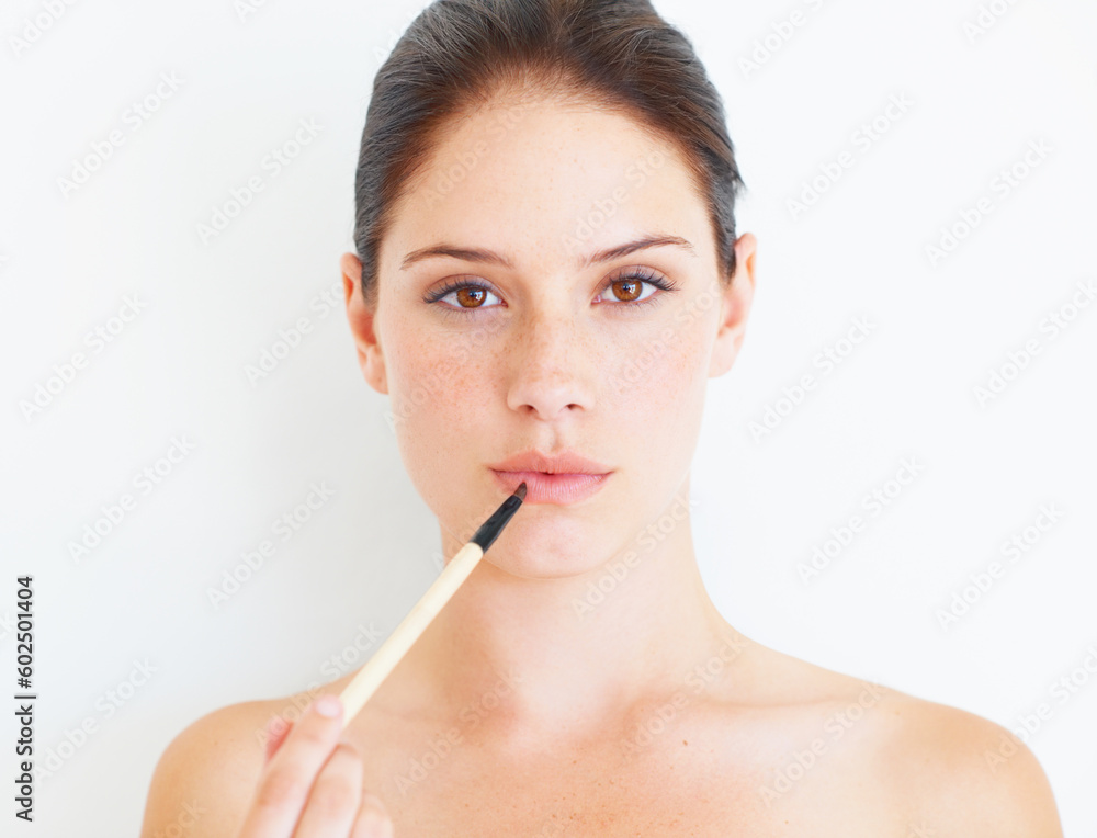 Portrait, makeup and woman with lipstick in studio for grooming, glamour and cosmetics on white background. Face, lip liner and girl model relax with natural, beauty and mouth contour while isolated Portrait, makeup and woman with lipstick in studio for grooming, glamour and cosmetics on white background. Face, lip liner and girl model relax with natural, beauty and mouth contour while isolated