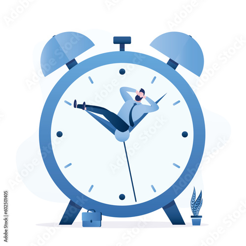 Lazy employee sleeping on time running clock. Lifestyle without deadline. Self discipline problem, tired businessman, no motivation. Procrastination
