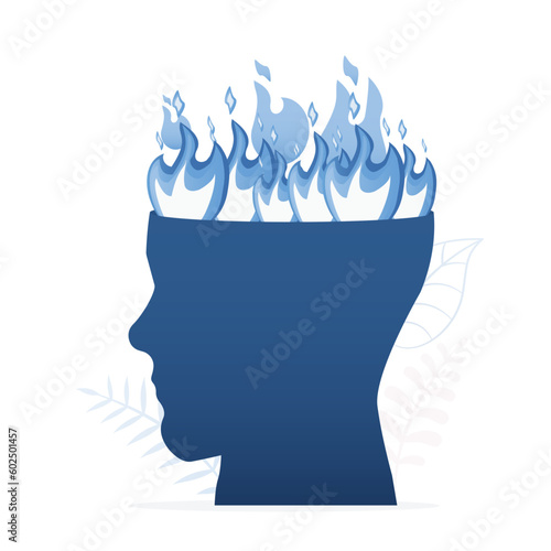 Burning fire in human head. Bad mood, rage monster. Mental illness, depression, cure anxiety. Negative emotion, stress. Mind need psychological help. Flame in brain,