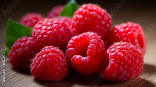 Generative AI. Raspberries. Jars of raspberry jelly and jam are on a wooden table. Near fresh raspberries.