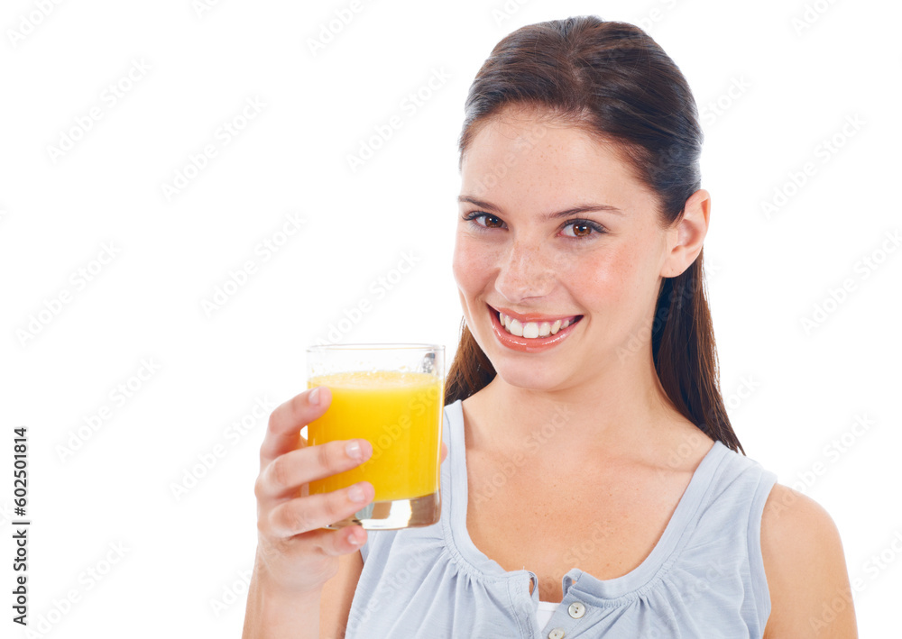 Orange juice, studio health portrait and happy woman with drink glass for hydration, liquid detox or natural weight loss. Wellness, nutritionist beverage and model isolated on mockup white background Orange juice, studio health portrait and happy woman with drink glass for hydration, liquid detox or natural weight loss. Wellness, nutritionist beverage and model isolated on mockup white background