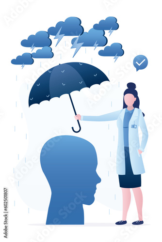 Mental health protection, depression or anxiety control. Woman doctor holds umbrella over head to protect from heavy raining storm depression. Help, psychological support