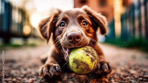 Generative AI. Wallpaper. Real photo. Happy dog. Adorable dog playing with his toy outdoors. Close-up. dog smiles  happy dog. charming  animal.