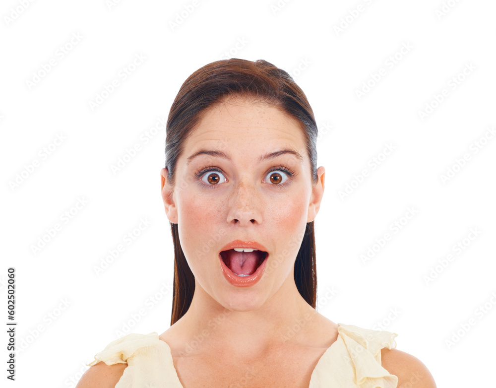 Face portrait, surprise and woman shocked over winner notification, discount announcement or studio news. Wow, omg facial expression and female model, winner or person isolated on white background Face portrait, surprise and woman shocked over winner notification, discount announcement or studio news. Wow, omg facial expression and female model, winner or person isolated on white background