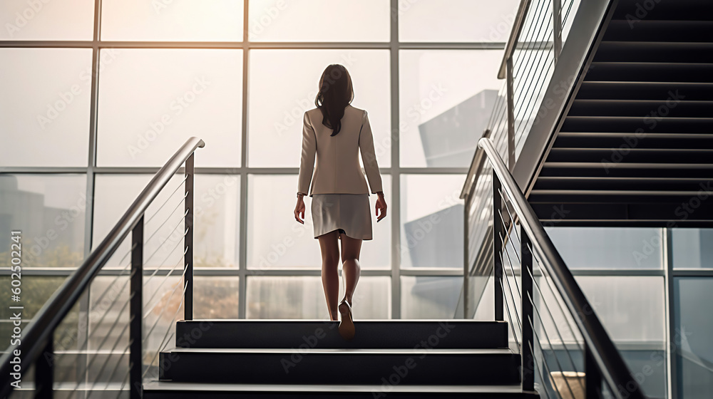 A business woman walking up a staircase in a modern office. female leadership. Generative ai A business woman walking up a staircase in a modern office. female leadership. Generative ai