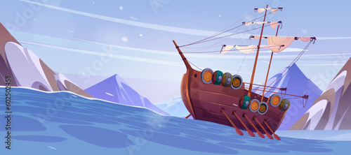 Cartoon viking ship floating in stormy Nordic sea surrounded by mountains. Vector illustration of old wooden boat sailing with oars and traditional scandinavian shields on board. Medieval warship