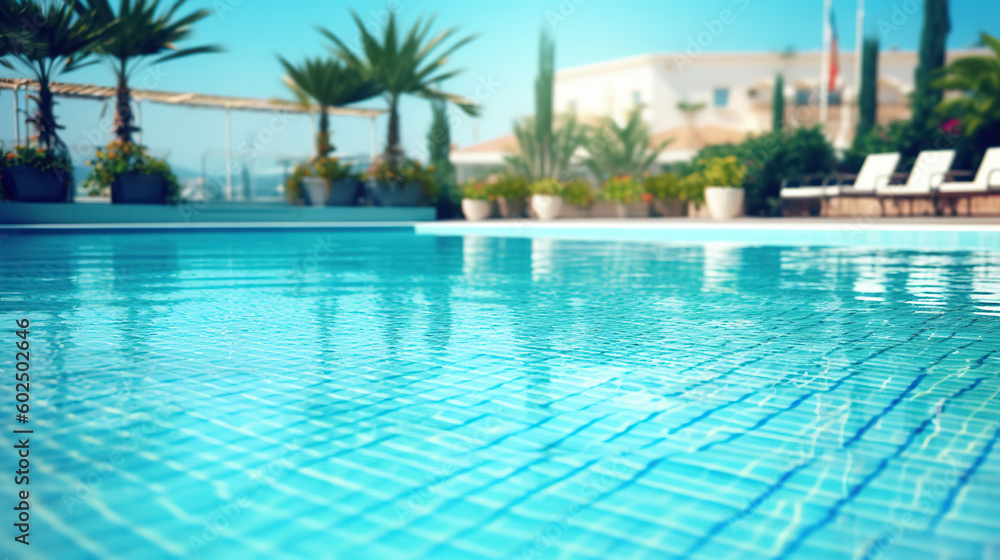 Empty poolside surface with summer travel hotel swimming pool background. Generative Ai