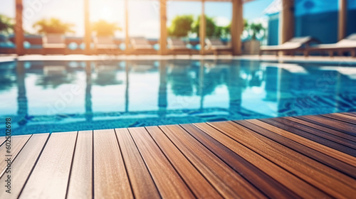 Empty wooden surface with summer travel hotel swimming pool background. Generative ai