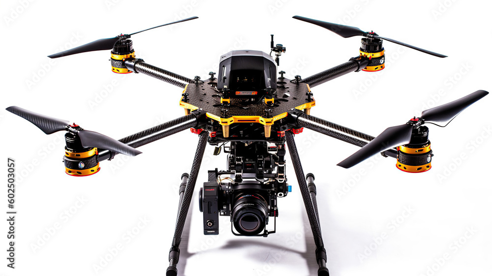 Multicopter closeup on studio background. Drone with professional camera. Octocopter for filming. Generative Ai Multicopter closeup on studio background. Drone with professional camera. Octocopter for filming. Generative Ai