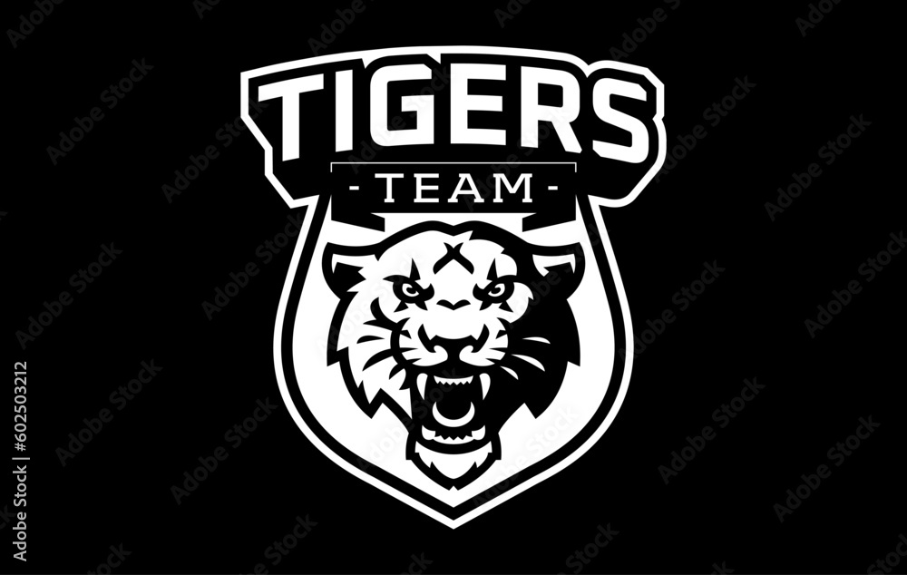 Monochrome sticker, sport logo with tiger mascot. Black and white emblem with the head of a tiger mascot on the background of a shield with a team font. Isolated vector illustration Monochrome sticker, sport logo with tiger mascot. Black and white emblem with the head of a tiger mascot on the background of a shield with a team font. Isolated vector illustration