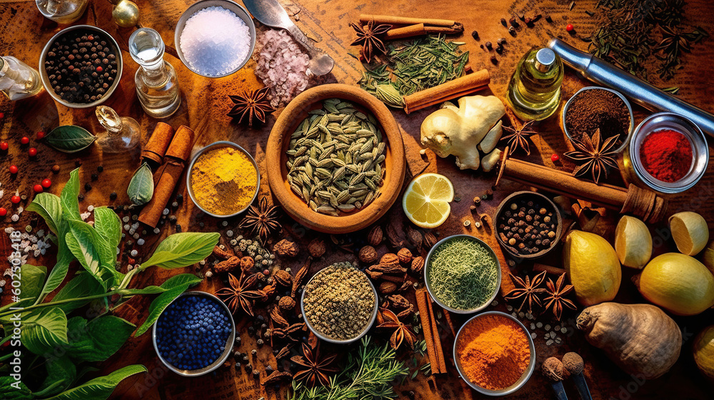 Top view of Variety of spices and herbs on kitchen table. Generative Ai