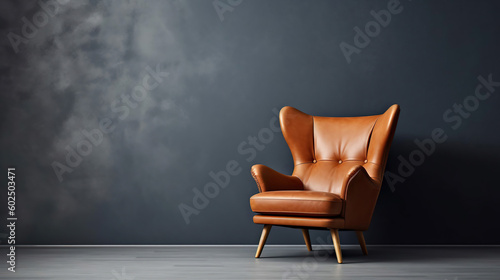 A beautiful and stylish brown leather armchair in front of a dark grey empty wall. Generative Ai photo