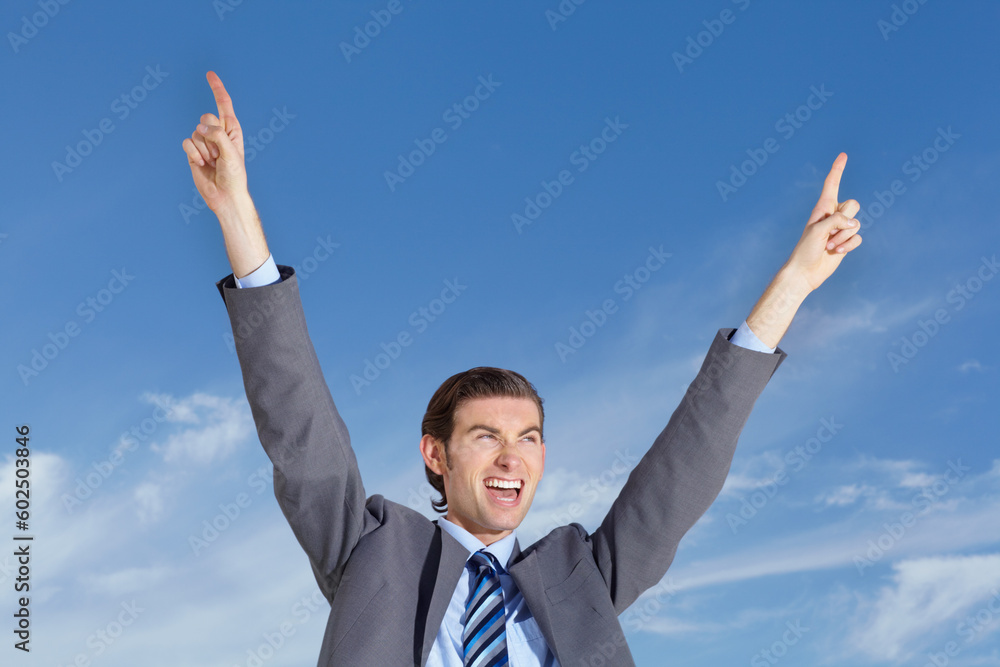Celebrate, happy business man and blue sky with happiness and success feeling excited from promotion. Outdoor, businessman and worker with smile from target achievement and goals with celebration Celebrate, happy business man and blue sky with happiness and success feeling excited from promotion. Outdoor, businessman and worker with smile from target achievement and goals with celebration