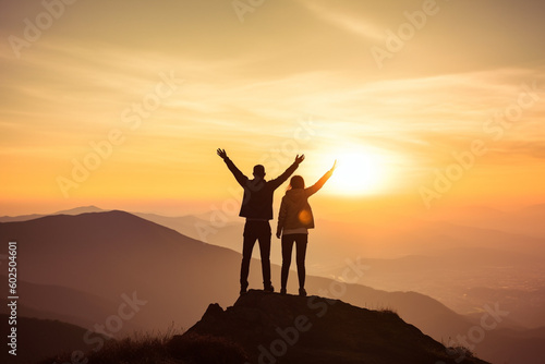 Happy couple on hight mountain peak. Family, travel and adventure concept. Generative ai © erika8213