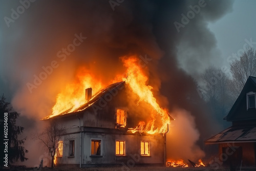 Home insurance concept with burning house. Generative Ai