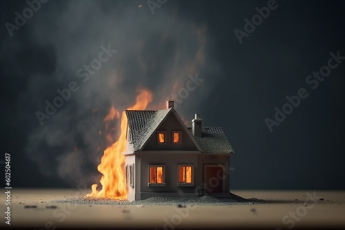 Home insurance concept with burning house. Generative Ai