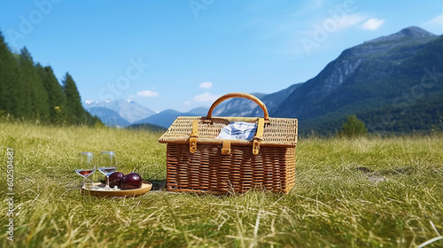  a picnic basket against the backdrop of the landscape, generative ai