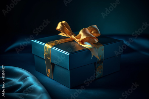 Elegant blue giftbox with golden sating ribbon for Christmas or anniverasary. Generative ai photo