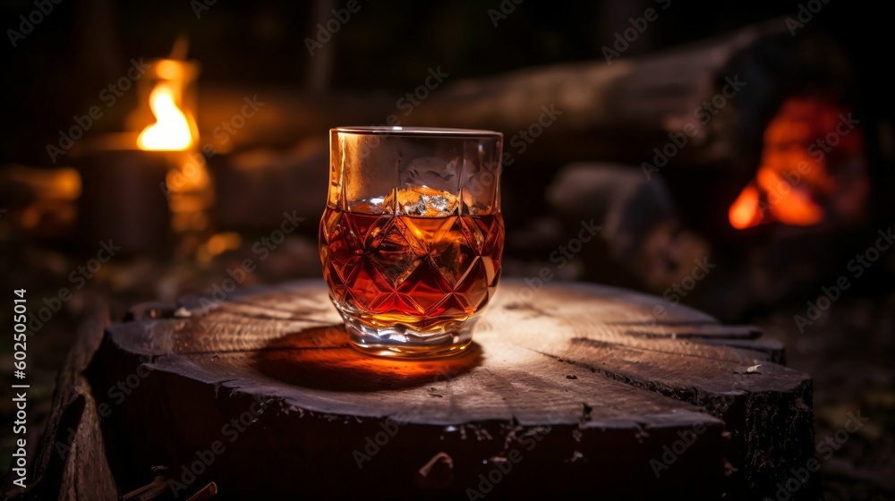 verre de scotch, de whisky ou de vieux rhum, posé sur un tronc d'arbre coupé dans la forêt, illustration boisson alcoolisée, ia générative 