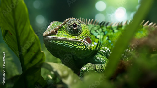 Green colored lizard close up. Generative AI. © Joko