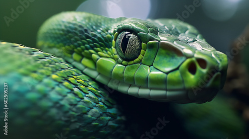 Green colored snake close up. Generative AI.